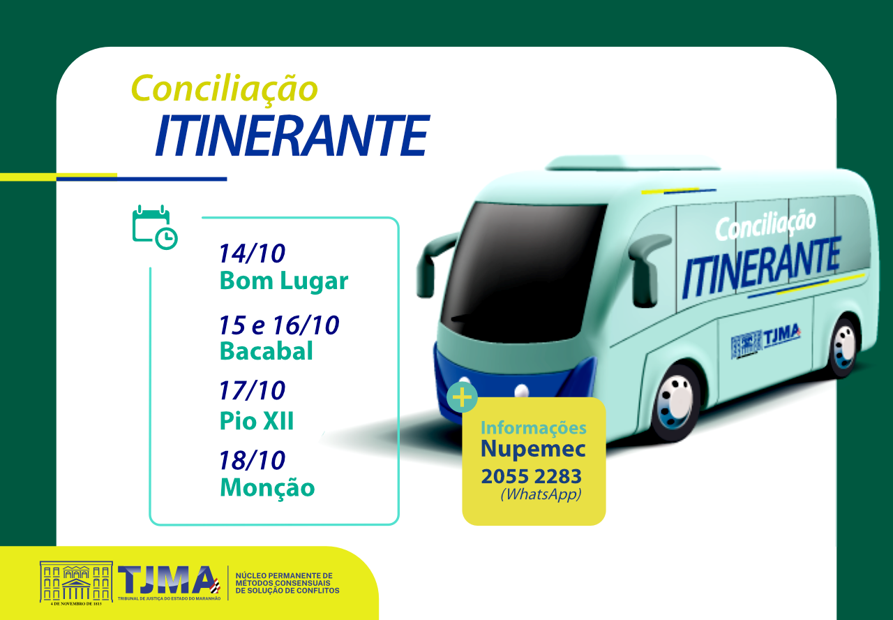 TJMA realiza Conciliação Itinerante de 14 a 18 de outubro em Pio XII, Monção, Bom Lugar, e Bacabal